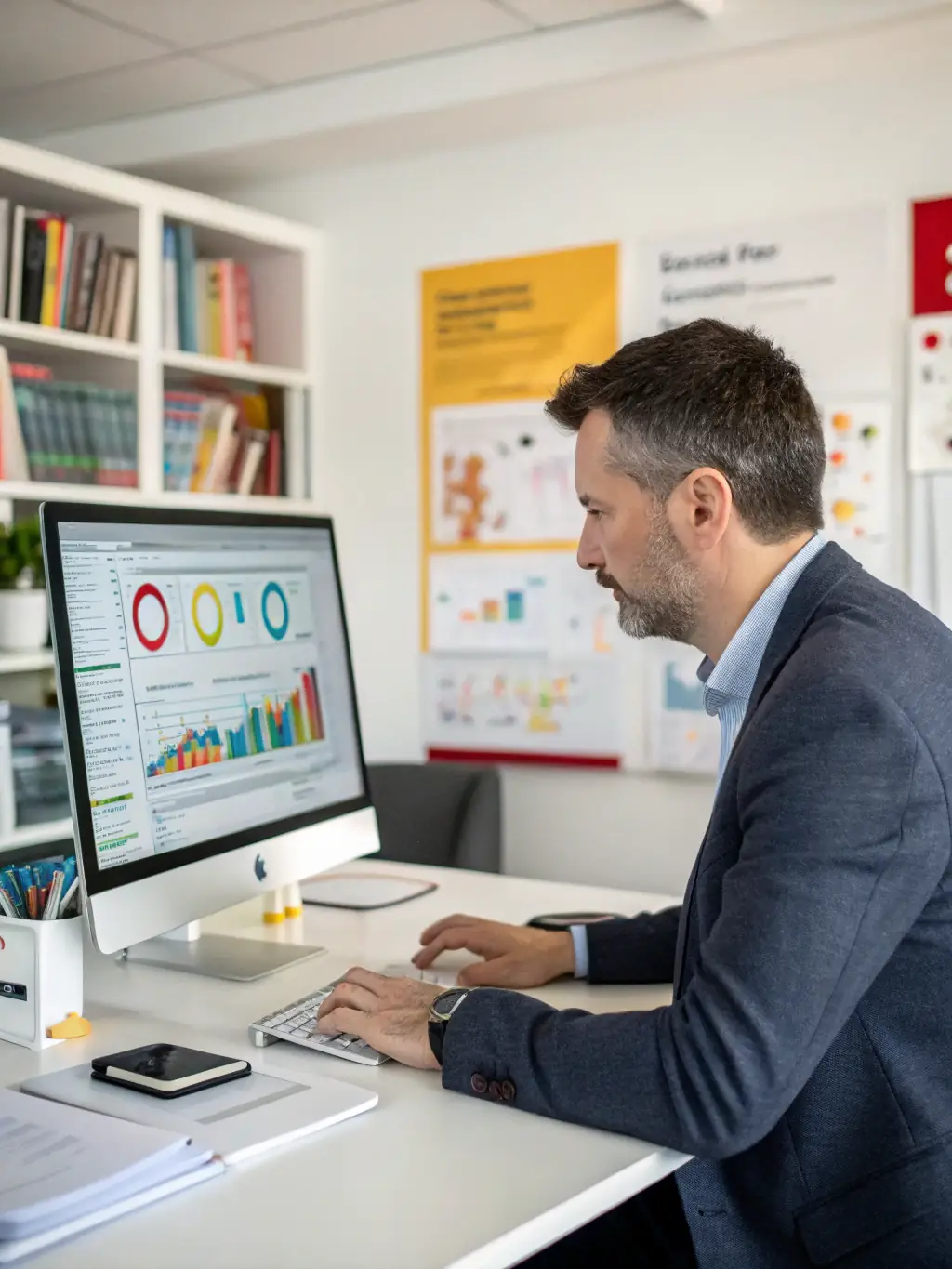 An image of a business coach in a suit, confidently presenting a financial growth chart to a team in a modern office, emphasizing strategic planning and investment returns.