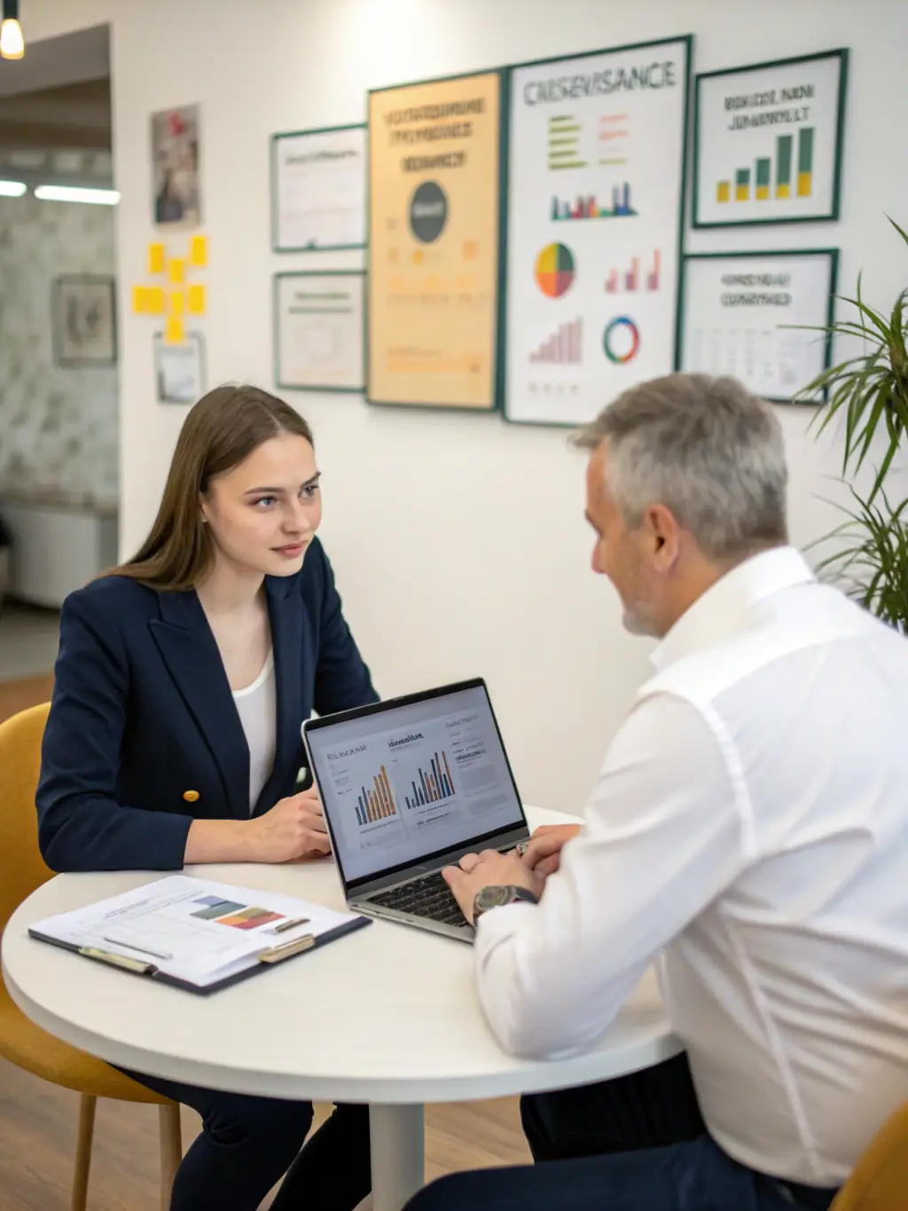 A professional coach providing one-on-one guidance to a client, focusing on financial goal setting and investment strategy development in a private office.