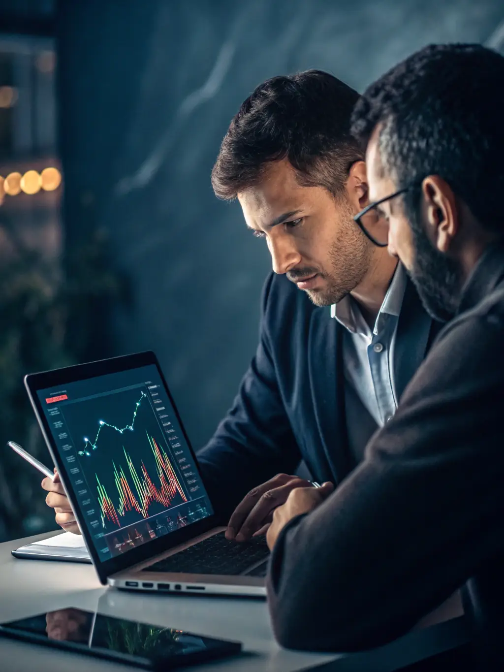 A photo of a coach and client reviewing investment portfolios on a tablet, highlighting data-driven decision-making and financial analysis.